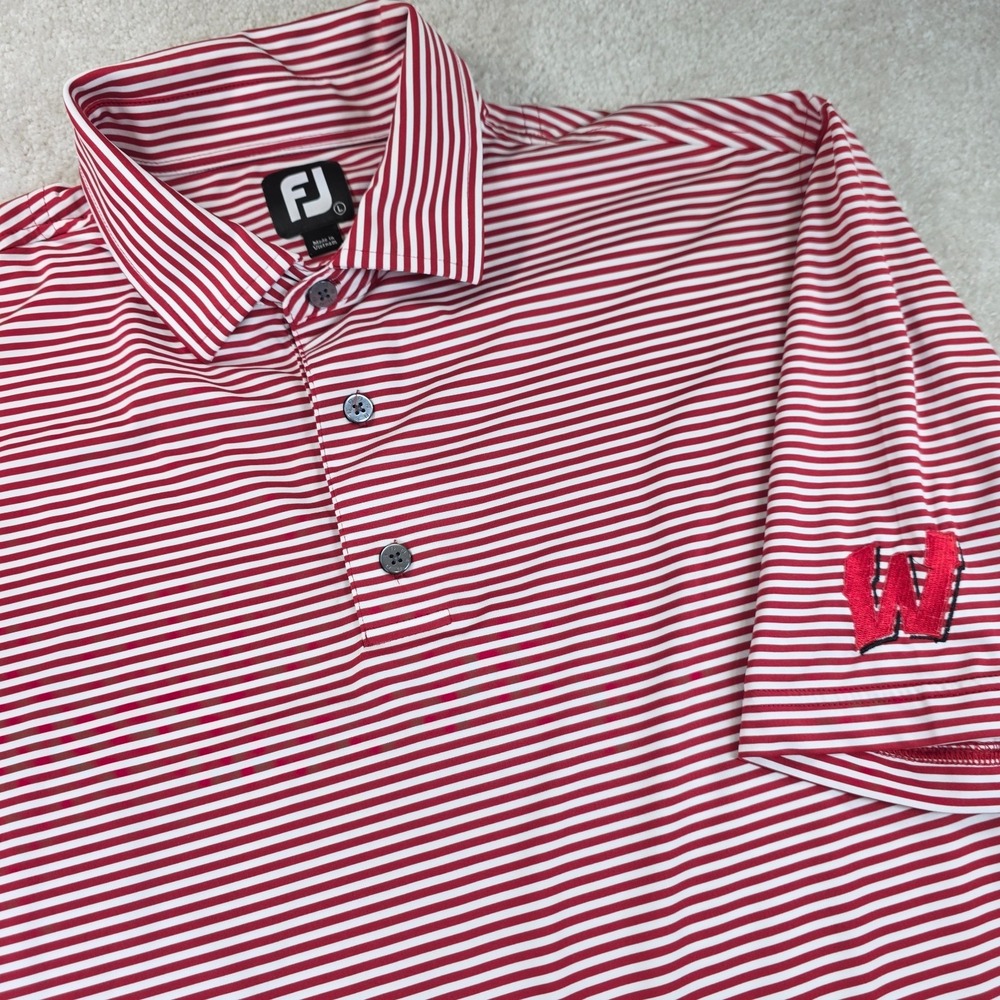 FootJoy Polo Shirt Mens L Red White Striped Logo Short Sleeve Golf Performance